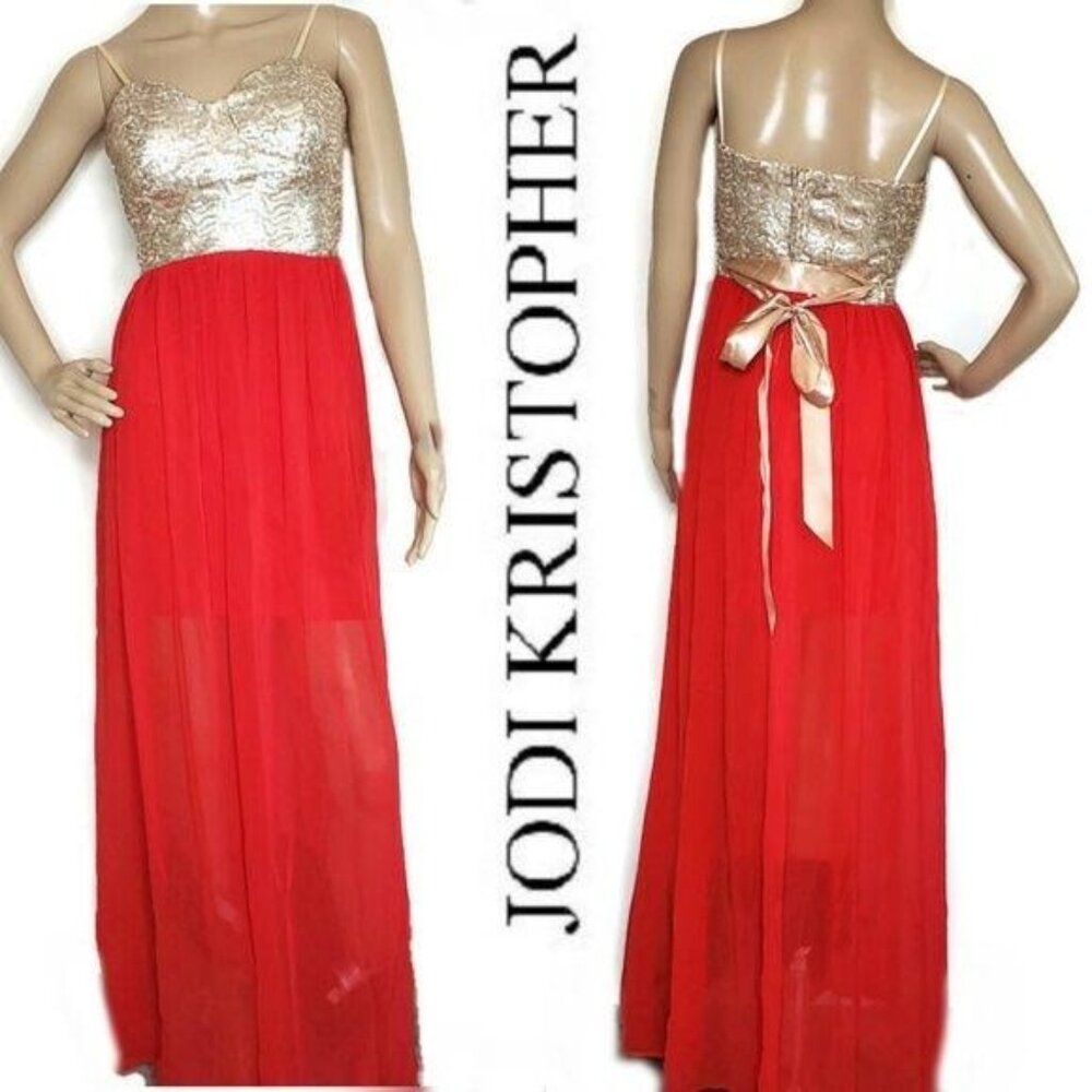 Jodi Kristopher Red & Gold Sequin Prom Ball Gown Size 7 Formal Evening Dress